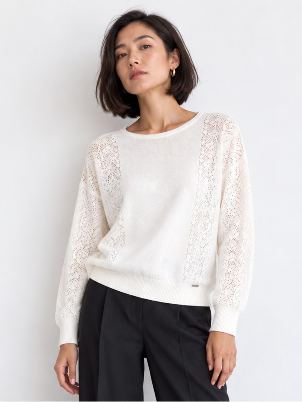 Calvin Klein White Pointelle Knit Sweater Openwork Long Sleeve Size L